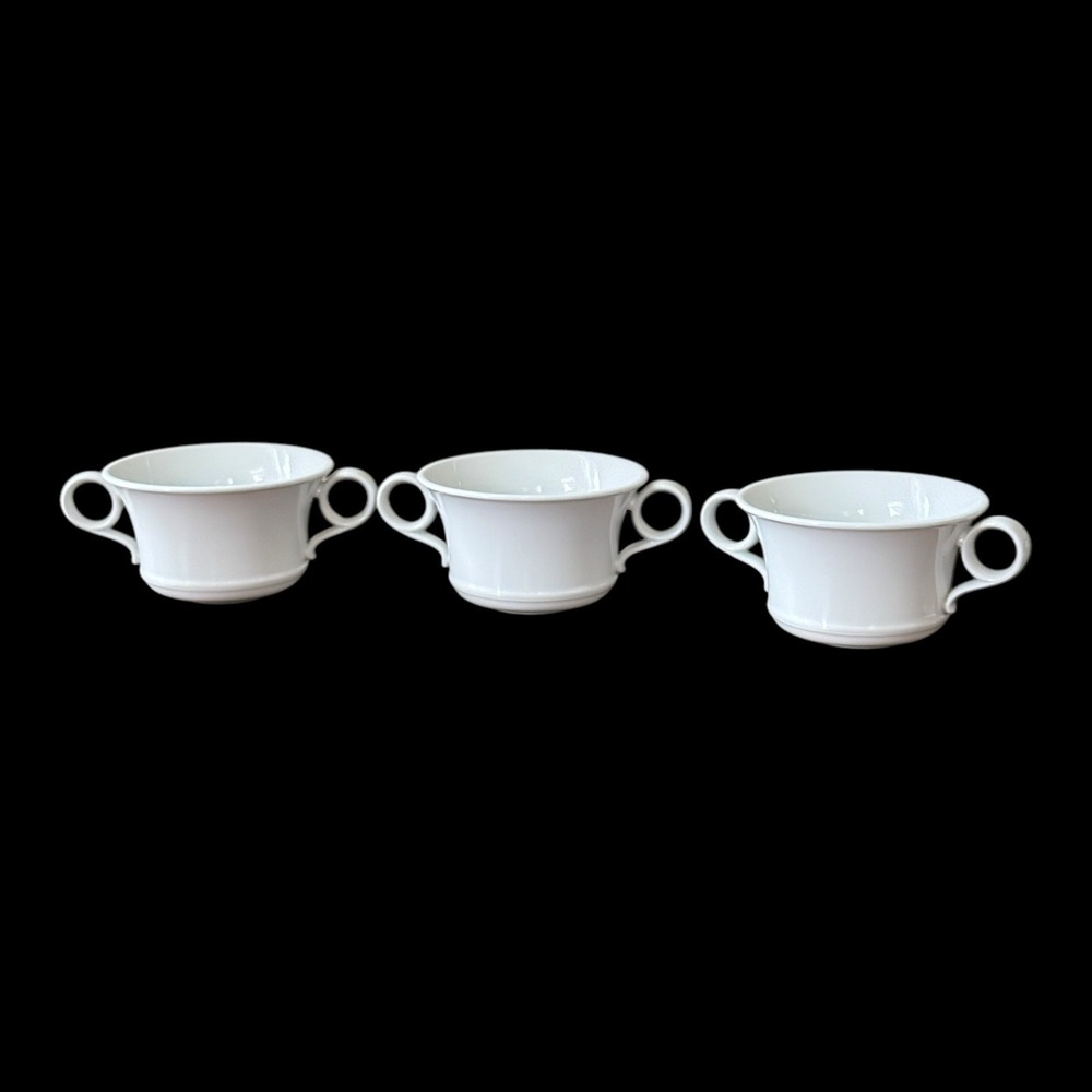 Rene Ozorio Argento Bouillon Soup Cup Double Handle White Porcelain Set of 3 LN